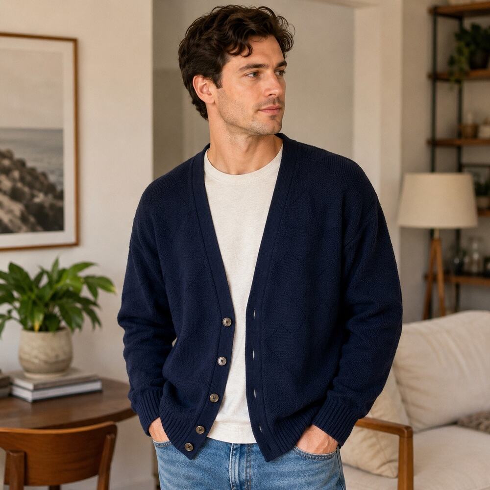 Vintage Jazzen Mens Large Navy Blue Cardigan Sweater Made in USA Button Front